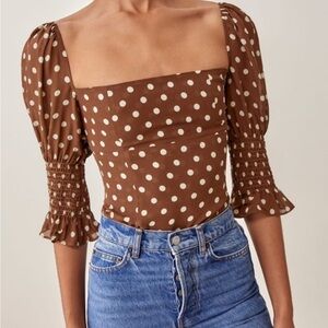 Reformation Brown Polka Dot Blouse
